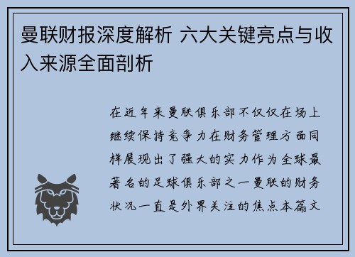 曼联财报深度解析 六大关键亮点与收入来源全面剖析