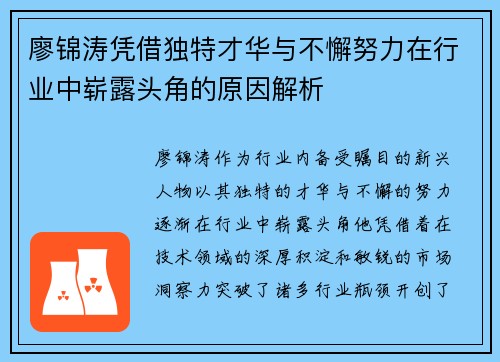 廖锦涛凭借独特才华与不懈努力在行业中崭露头角的原因解析